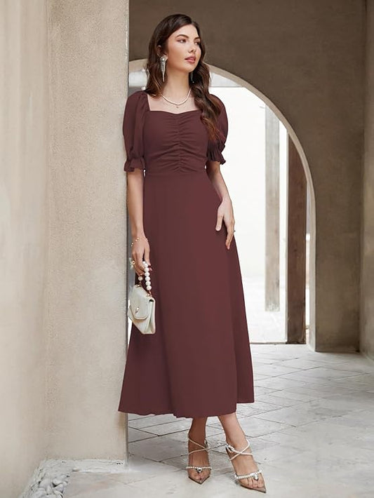 Girl's & Women's Solid A-Line Ruched Puff Sleeve Maxi Long Evening One Piece Long Dress for Women Stylish