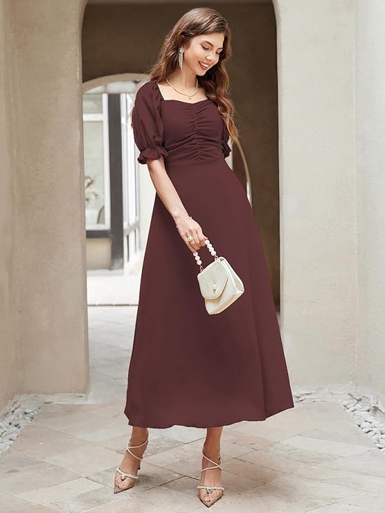 Girl's & Women's Solid A-Line Ruched Puff Sleeve Maxi Long Evening One Piece Long Dress for Women Stylish