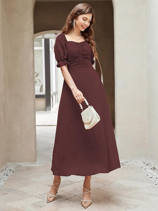 Girl's & Women's Solid A-Line Ruched Puff Sleeve Maxi Long Evening One Piece Long Dress for Women Stylish